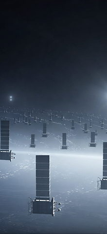 Futuristic arrays of large glowing panels in dark space.