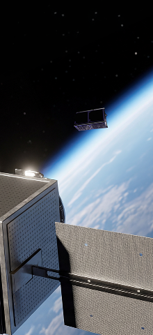Satellite in Earth orbit with distant space view.