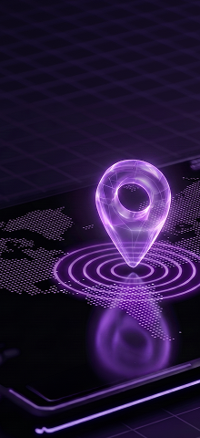 Futuristic digital map with glowing purple location pin.