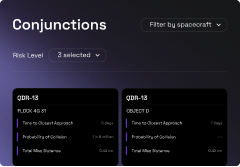 Dashboard showing spacecraft conjunction risk levels.